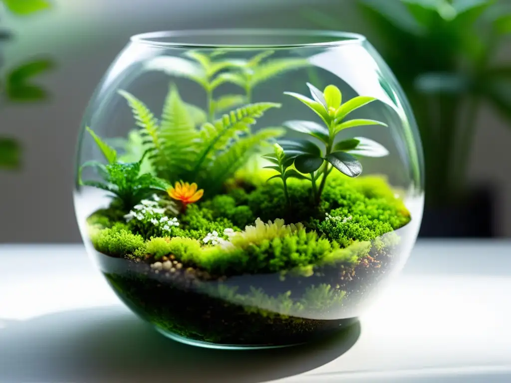 Un terrario de cristal transparente con musgo verde, helechos y flores en miniatura