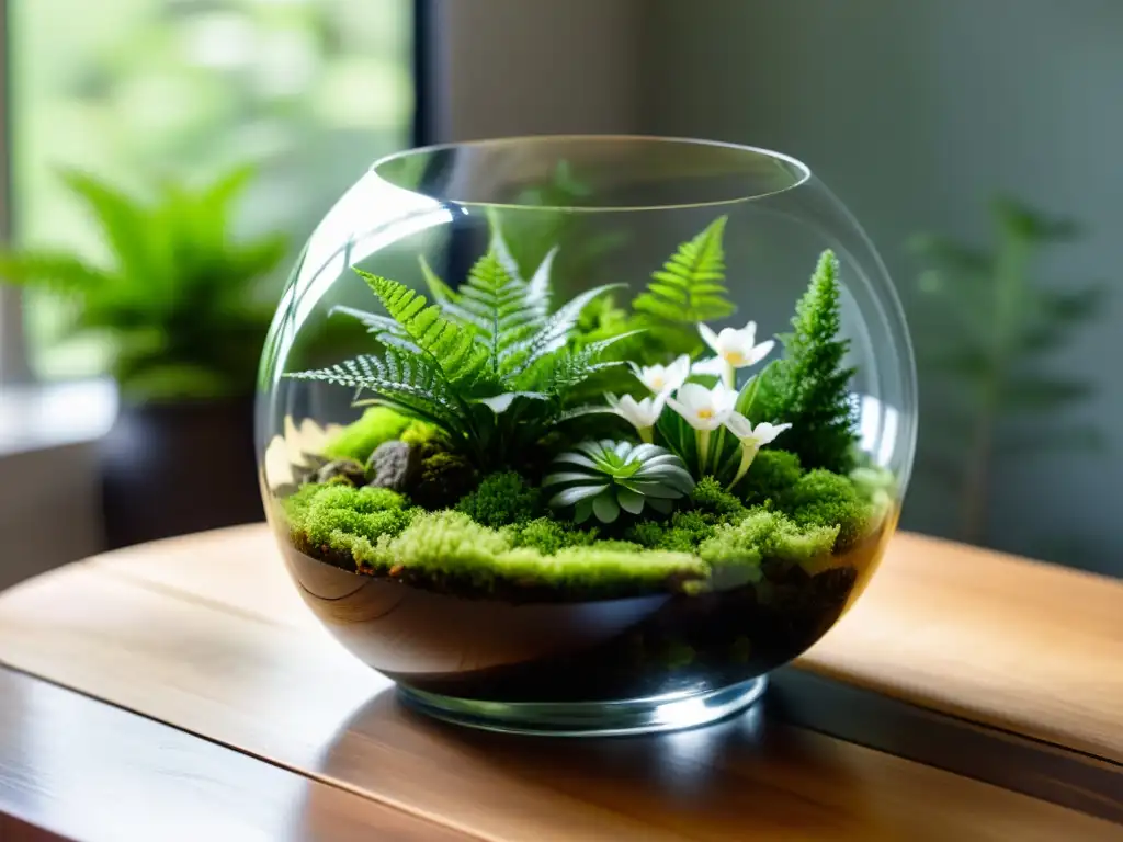 Un terrario de cristal con musgo verde exuberante, helechos delicados y flores blancas en una mesa de madera