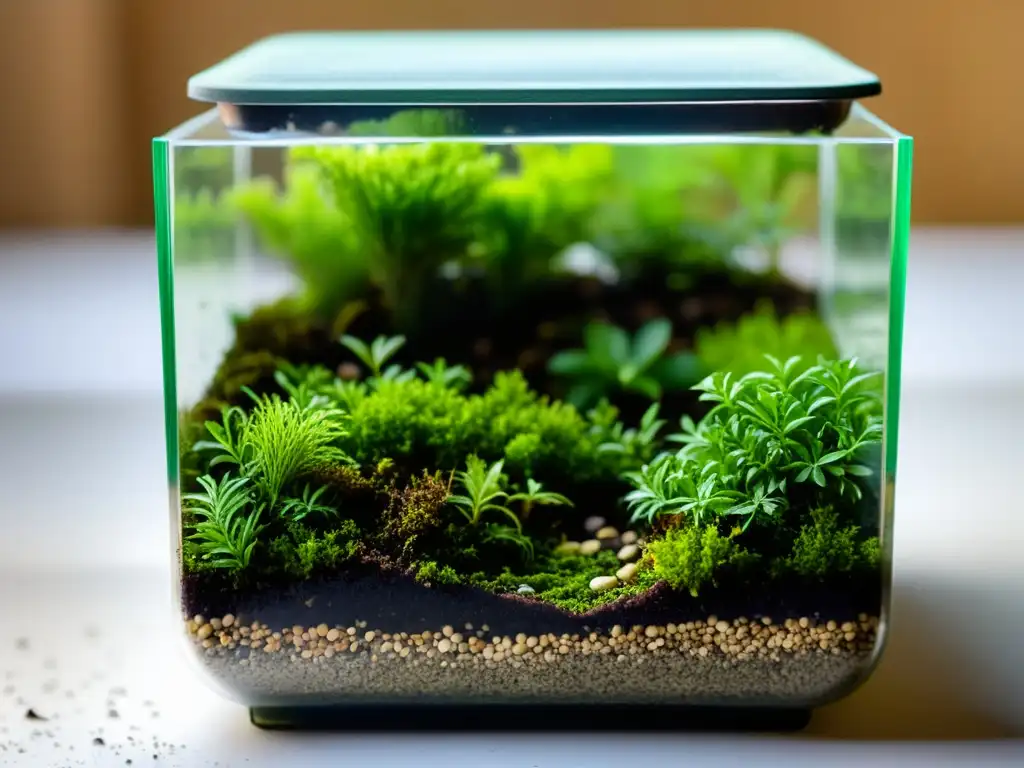 Un terrario descuidado, con musgo desbordante y plantas marchitas, muestra potencial y belleza esperando ser revividos