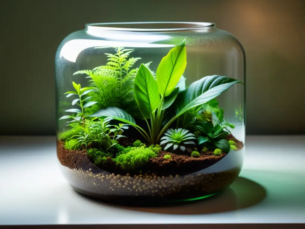 Un terrario descuidado con plantas marchitas, condensación en el vidrio y suelo seco, necesita revivir su belleza