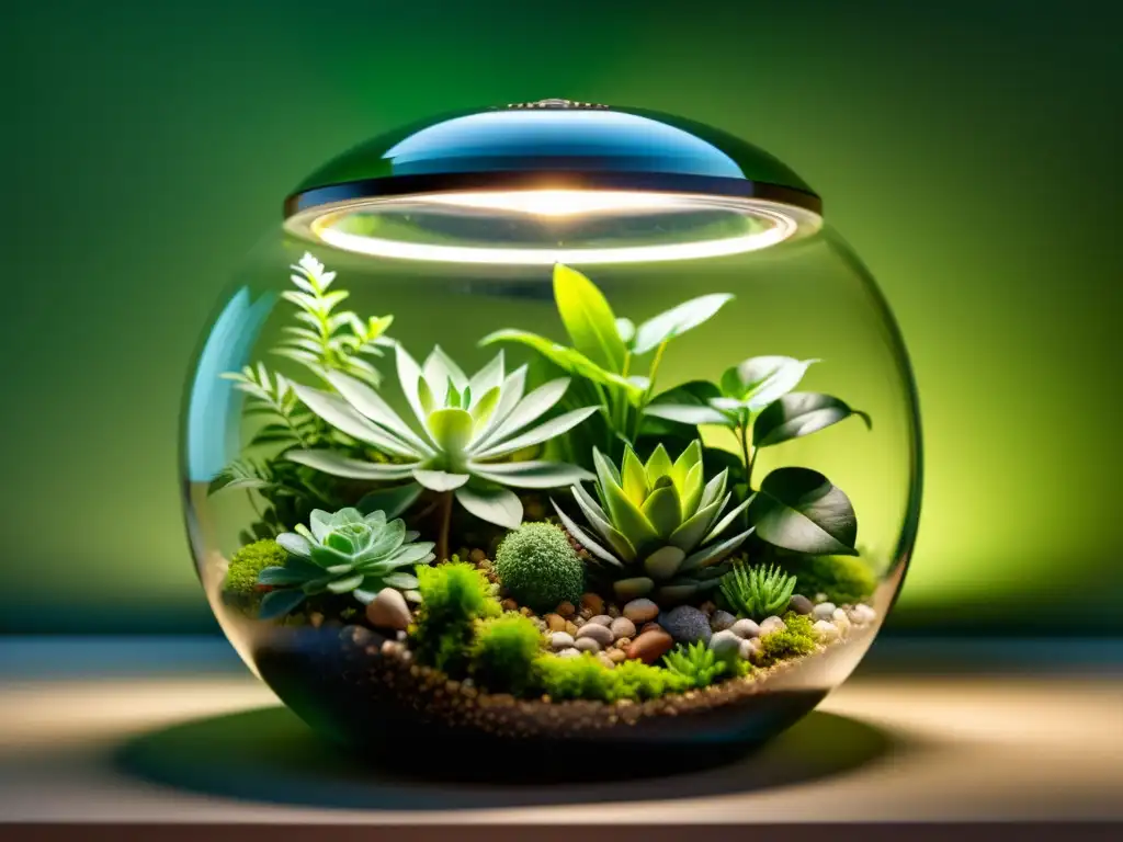 Un terrario exquisitamente detallado con plantas cuidadosamente dispuestas, iluminado por una luz suave y cálida