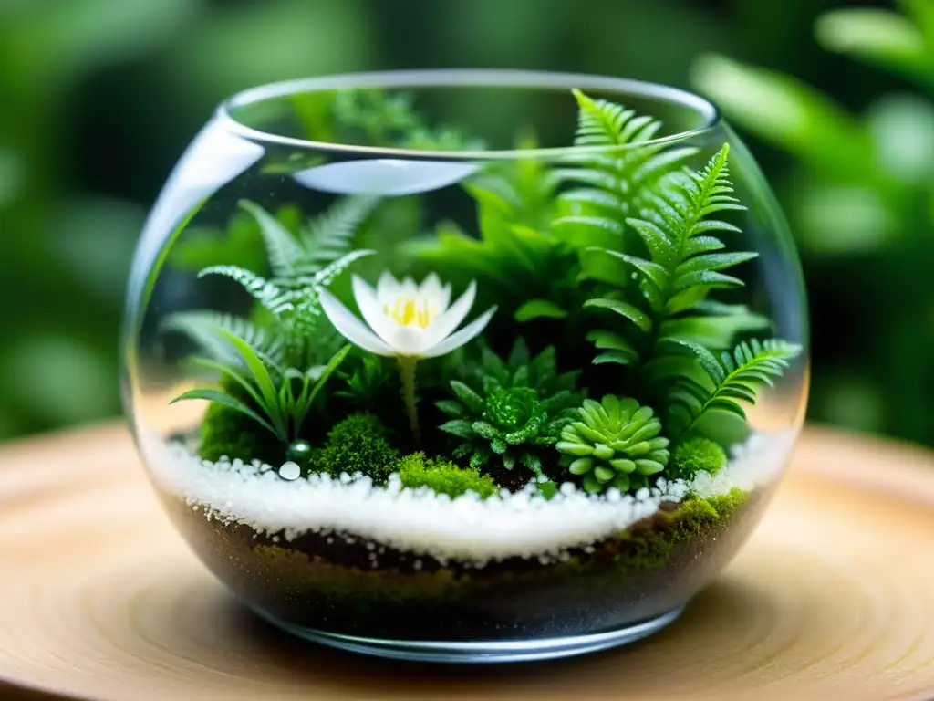 Un terrario exuberante y detallado, con musgo verde, helechos en miniatura y flores blancas, en un ecosistema en equilibrio