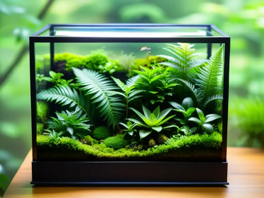 Un terrario exuberante y fresco con variedad de plantas, musgo y helechos