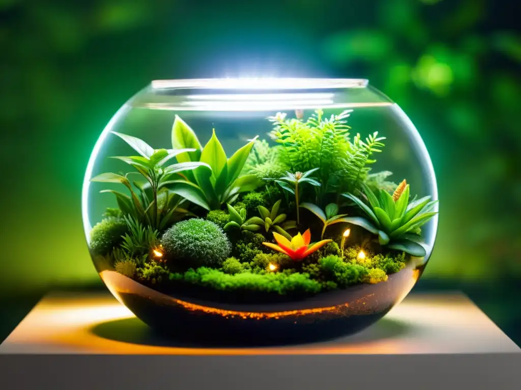 Un terrario exuberante iluminado de forma natural con detalles nítidos