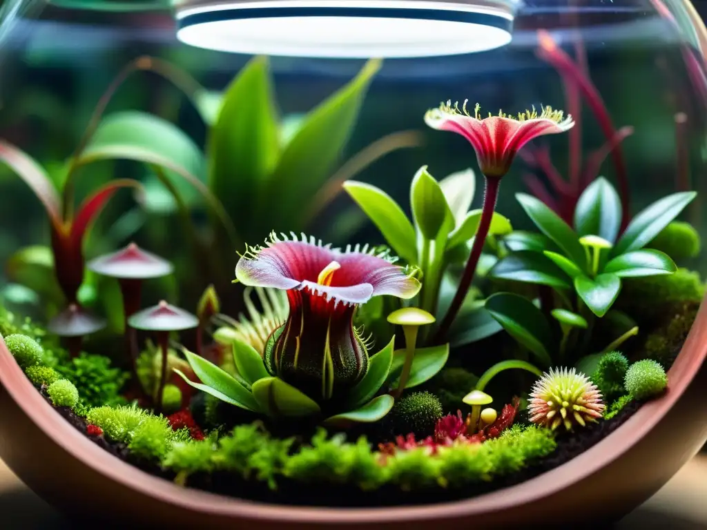 Un terrario exuberante con plantas carnívoras cuidados, detalladas y hermosas, bañadas por una suave luz, emitiendo serenidad natural