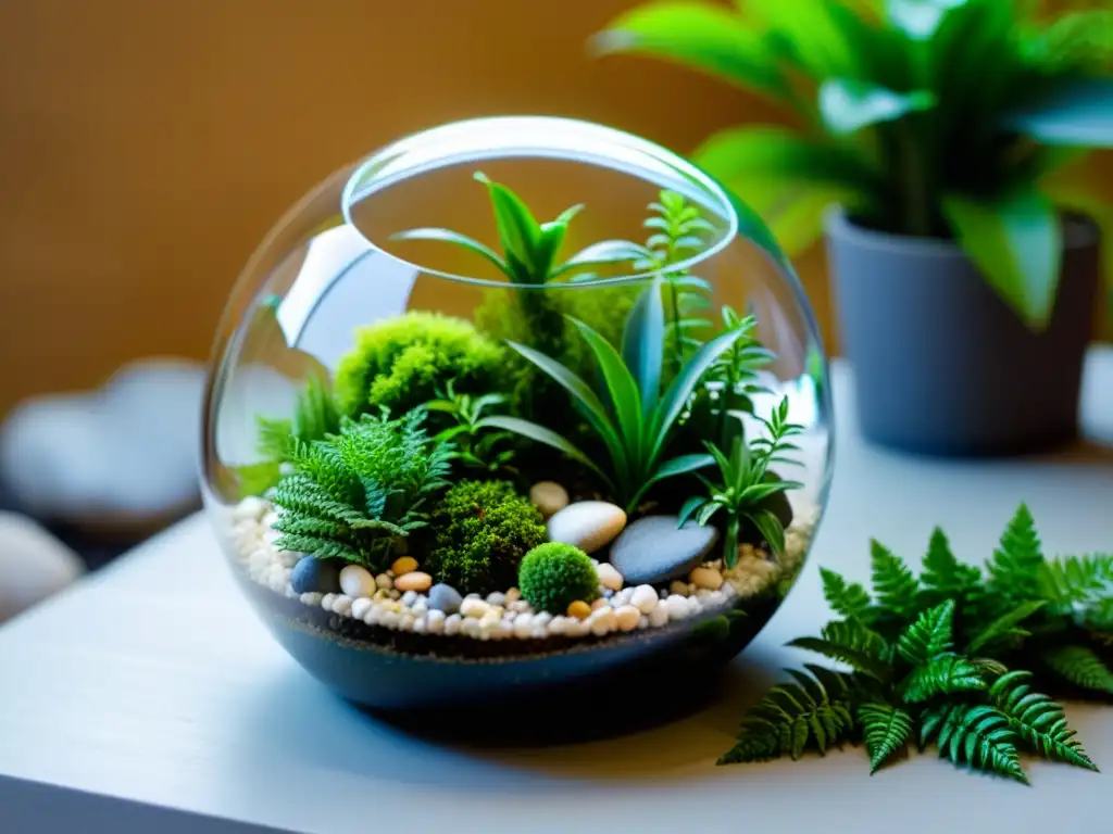 Un terrario exuberante con plantas de interior de baja luz, piedras de río y musgo, bañado en suave luz filtrada