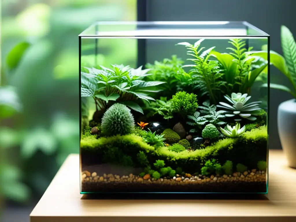 Un terrario exuberante y sereno con plantas en miniatura, creando un ecosistema cautivador