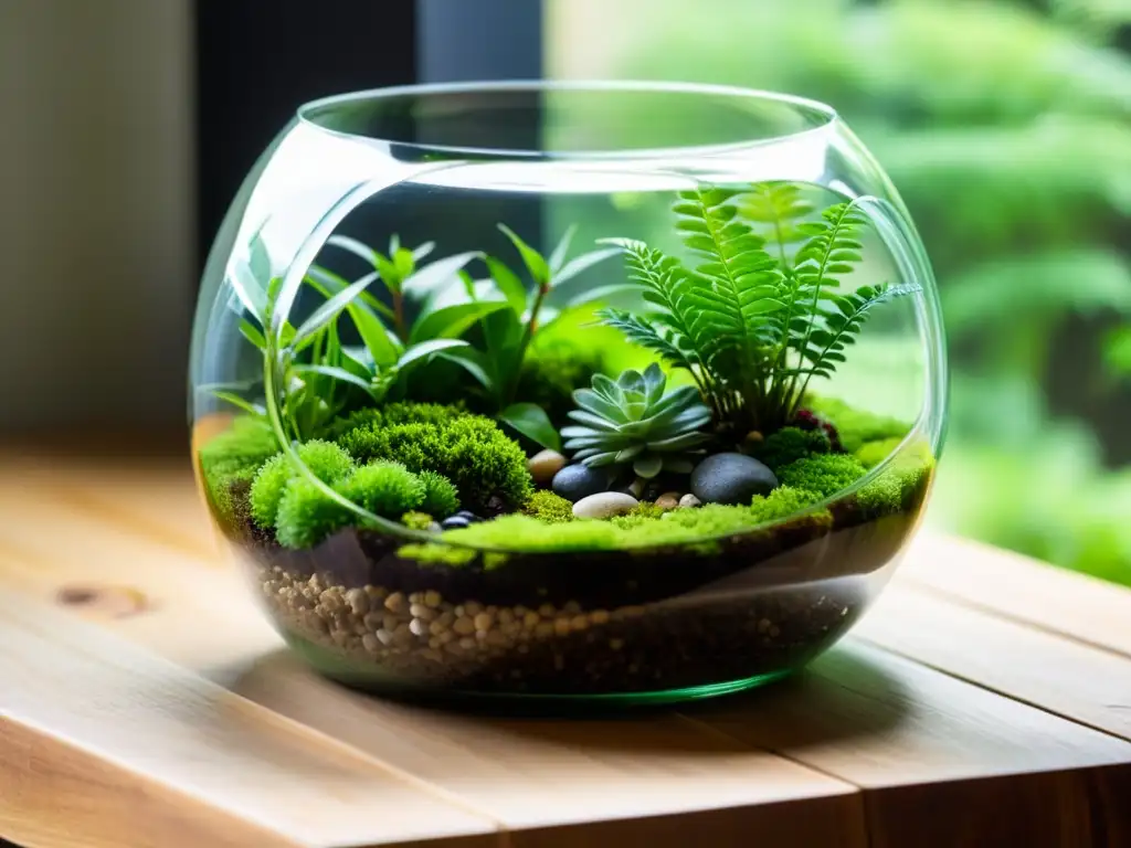 Un terrario exuberante y verde con plantas en miniatura y musgo, en un recipiente de vidrio