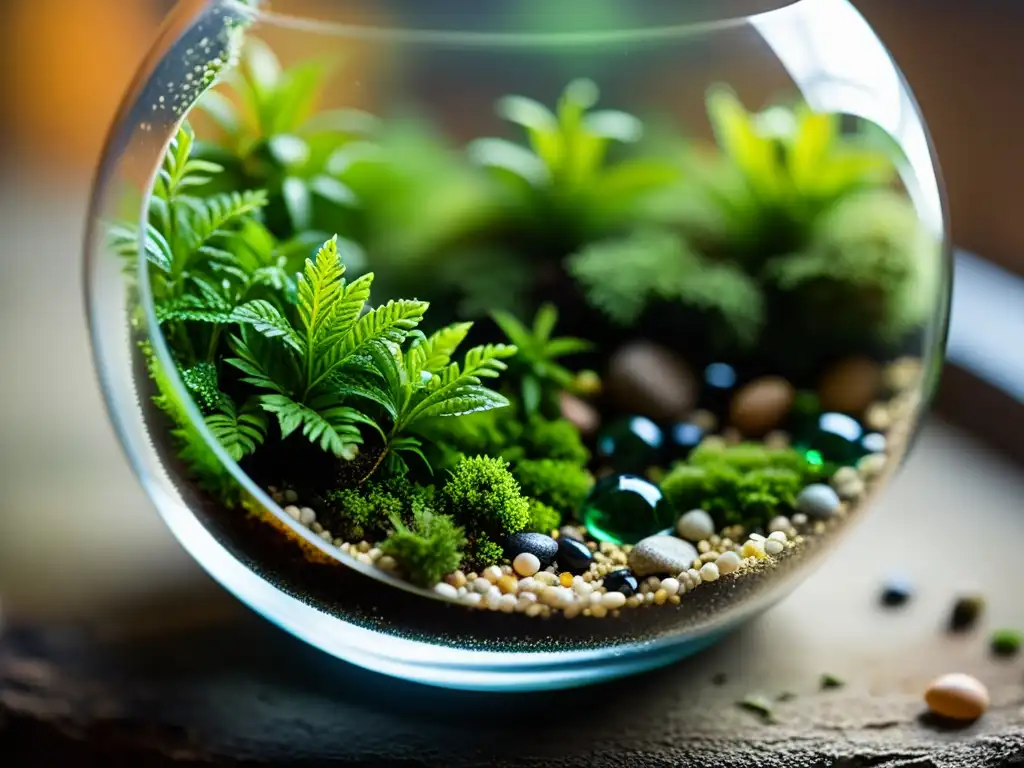 Un terrario exuberante y vibrante, con gotas de agua en las hojas