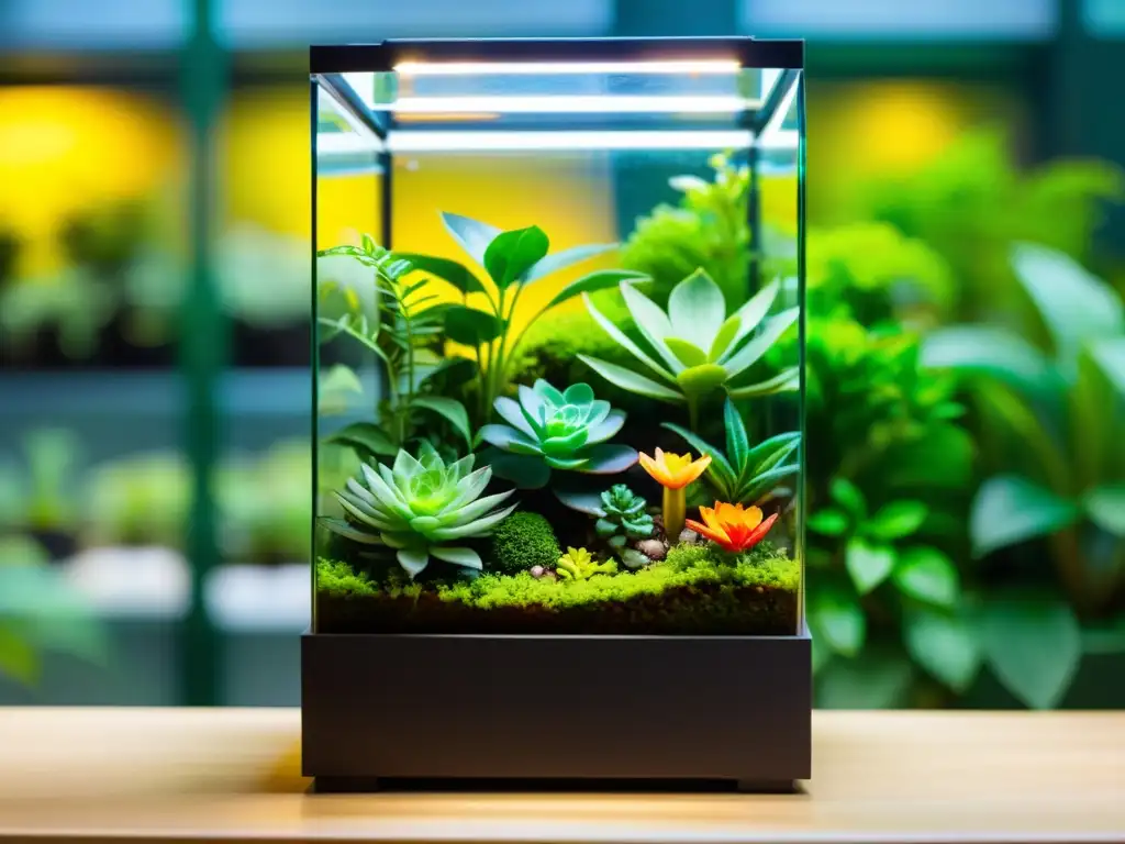 Un terrario exuberante y vibrante, repleto de plantas en miniatura, refleja la luz suave y crea una atmósfera serena