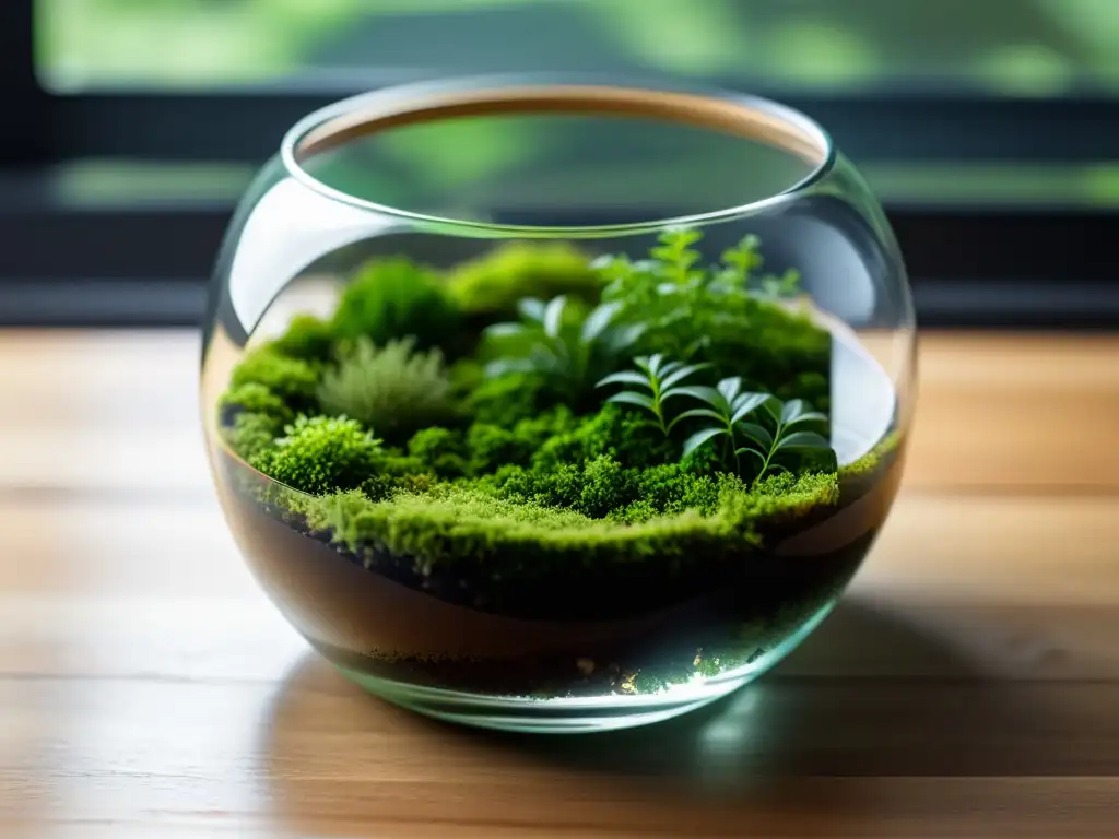 Un terrario de musgo y helechos en un moderno recipiente de vidrio sobre una mesa de madera, con luz natural filtrándose a través de las hojas