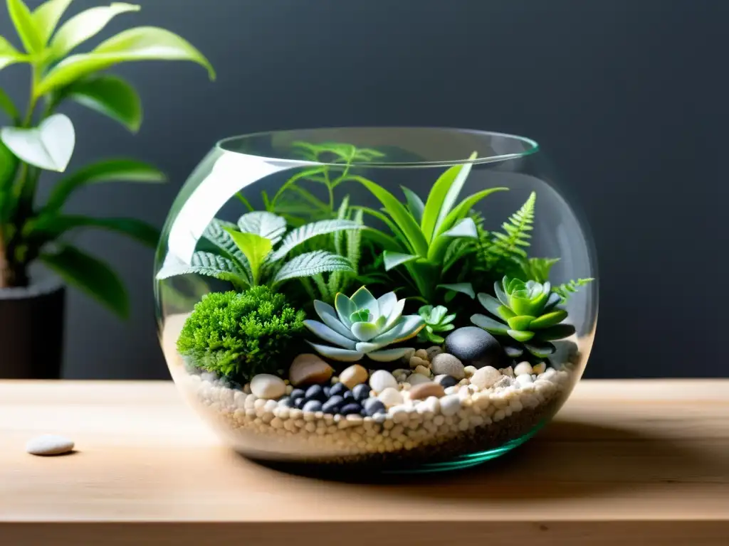 Un terrario de interior minimalista con exuberantes plantas verdes, piedras naturales y madera a la deriva