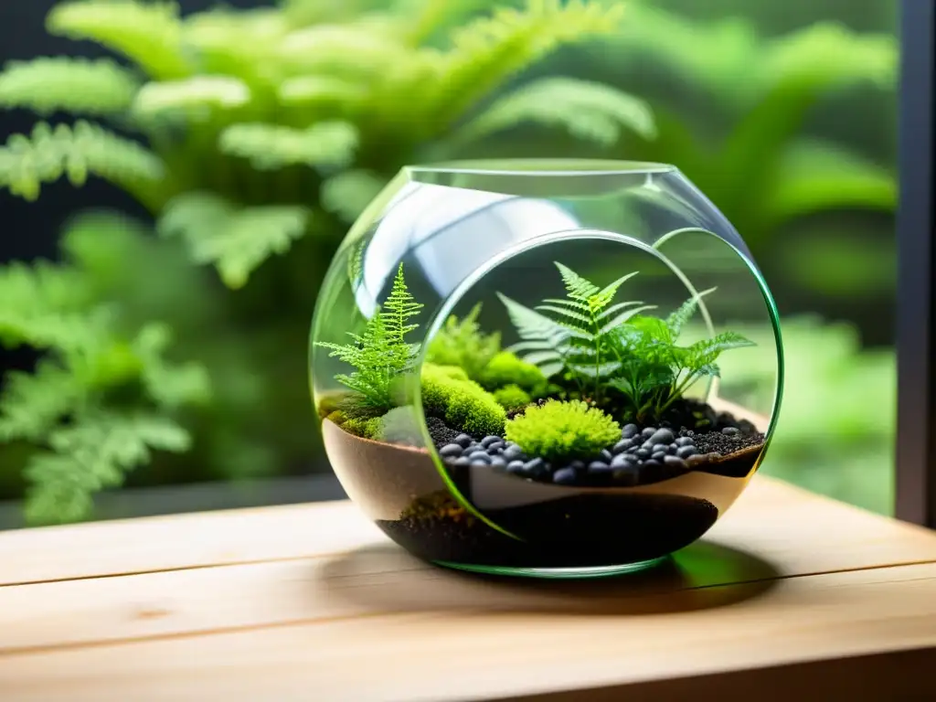 Un terrario minimalista de cristal con musgo, helechos y flores en un exuberante paisaje