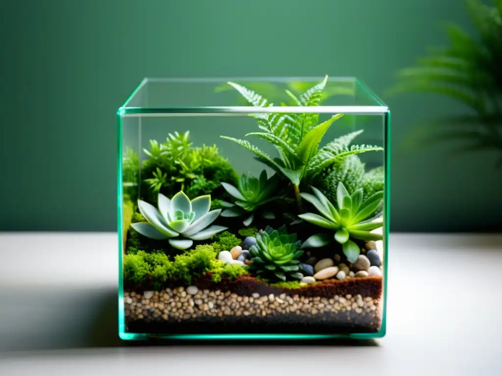 Un terrario minimalista con exuberantes plantas verdes, creando un ecosistema armonioso