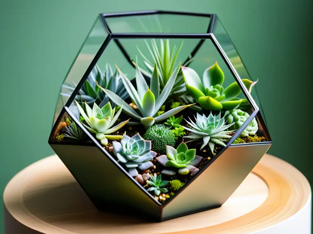 Un terrario minimalista con suculentas y plantas aéreas en un contenedor geométrico de vidrio