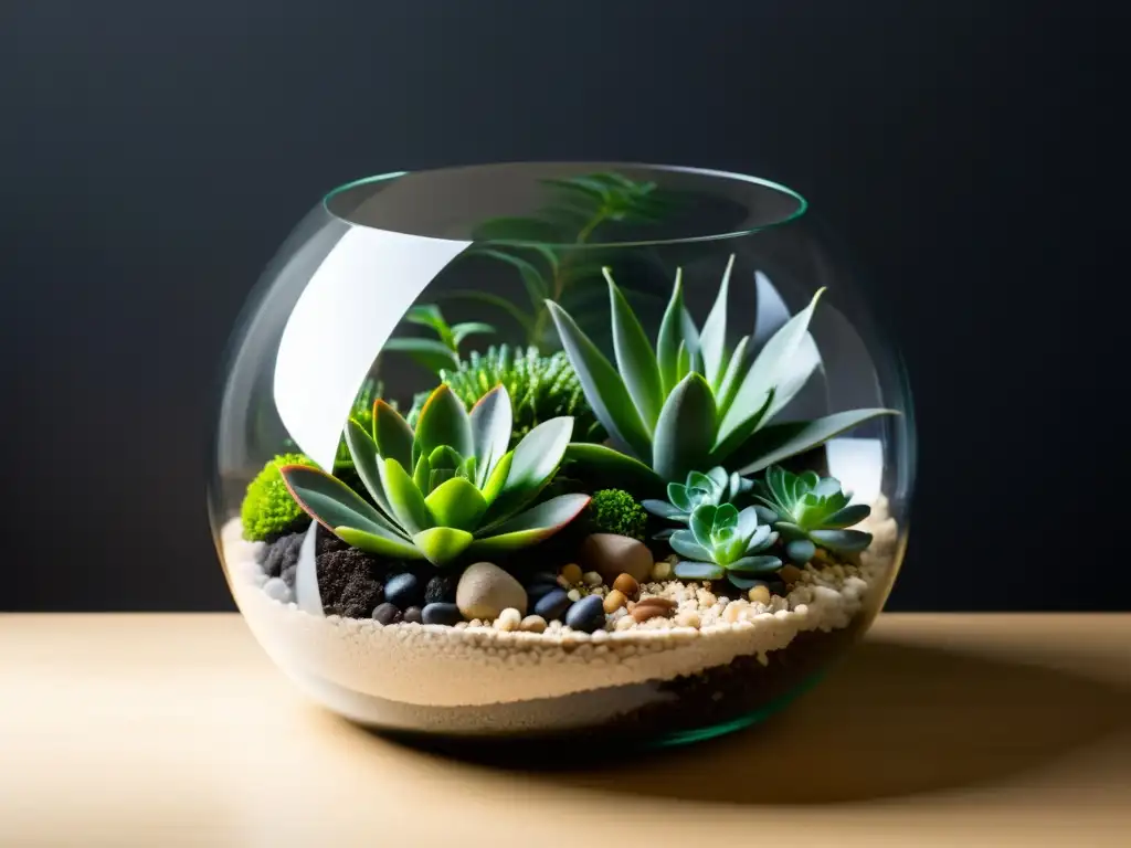 Terrario minimalista con plantas verdes vibrantes y capas de suelo, rocas y arena en un elegante recipiente de vidrio