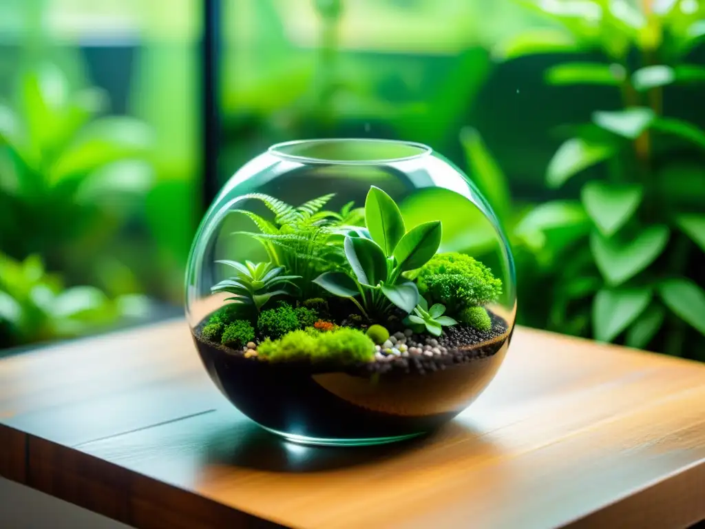 Un terrario minimalista con plantas verdes vibrantes en un entorno tranquilo