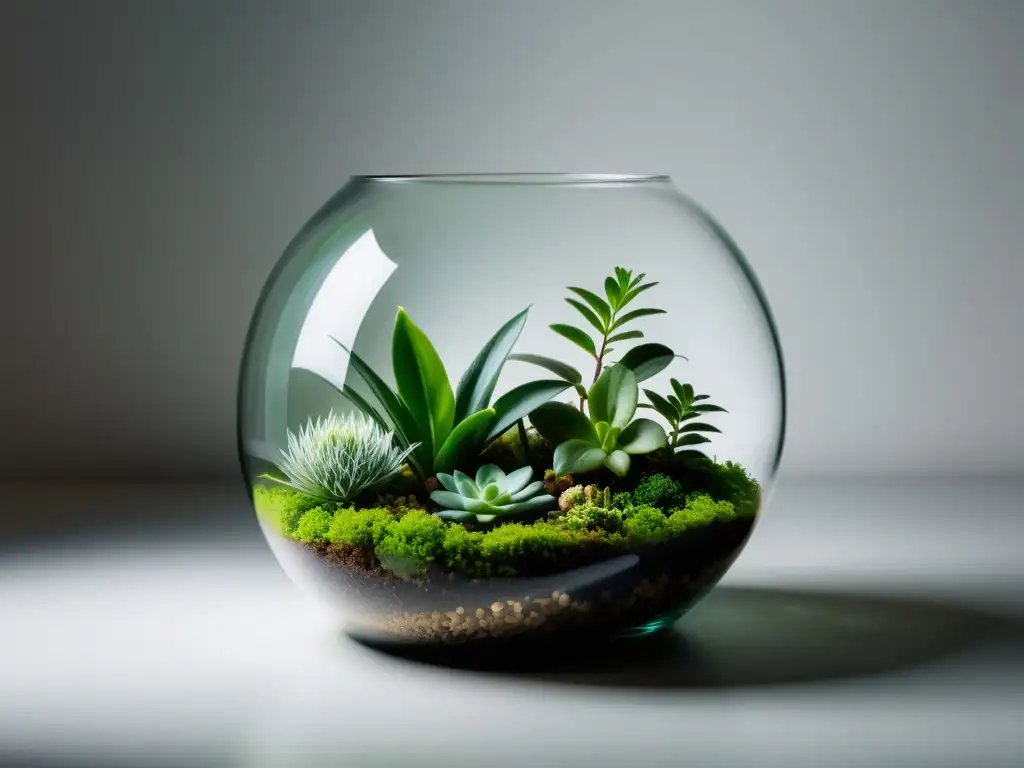 Un terrario minimalista con plantas verdes en un recipiente de vidrio transparente