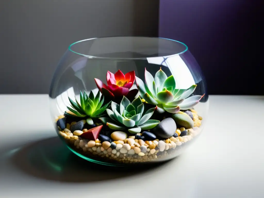 Un terrario minimalista con suculentas y rocas, iluminado por luz natural