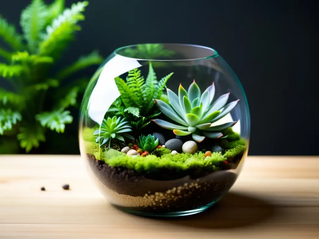 Un terrario minimalista con musgo, helechos y suculentas, irradiando tranquilidad y belleza natural