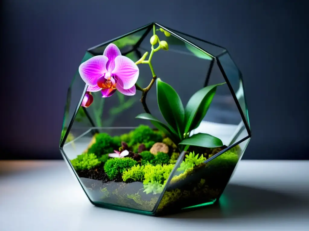 Un terrario minimalista de vidrio con exuberante musgo verde y delicadas orquídeas en plena floración