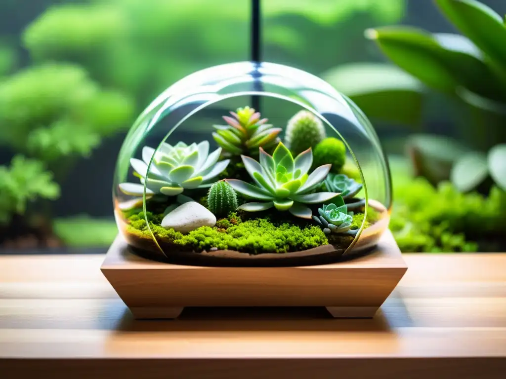 Un terrario moderno descansa en un altar de meditación de madera, iluminado por luz natural