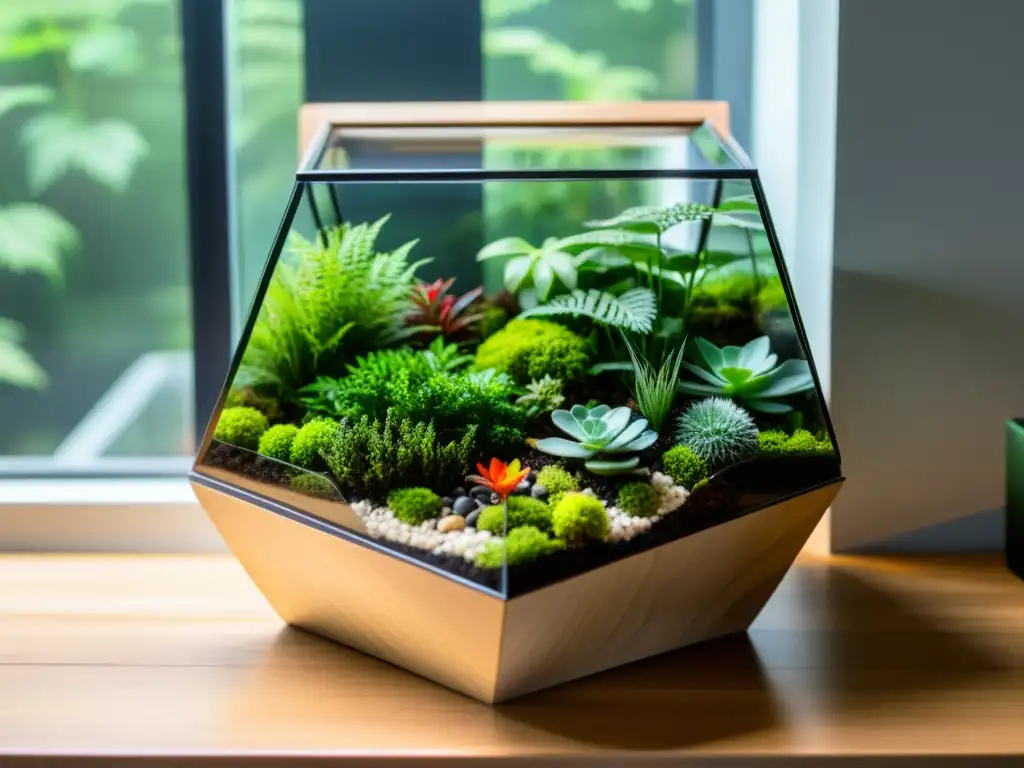 Un terrario moderno con plantas exuberantes en una mesa de madera