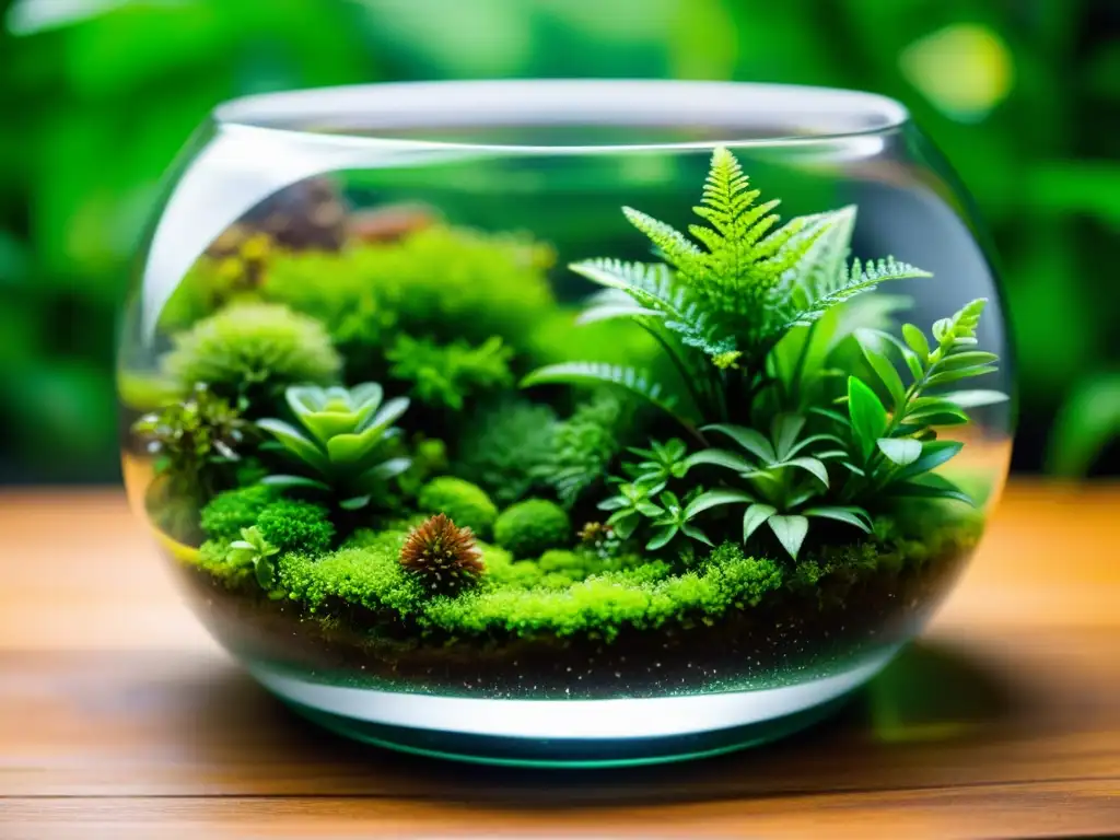 Un terrario moderno, rebosante de musgos, helechos y plantas en miniatura, con texturas verdes fascinantes