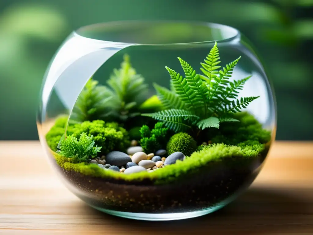 Un terrario moderno de vidrio con musgo verde vibrante, helechos y piedras