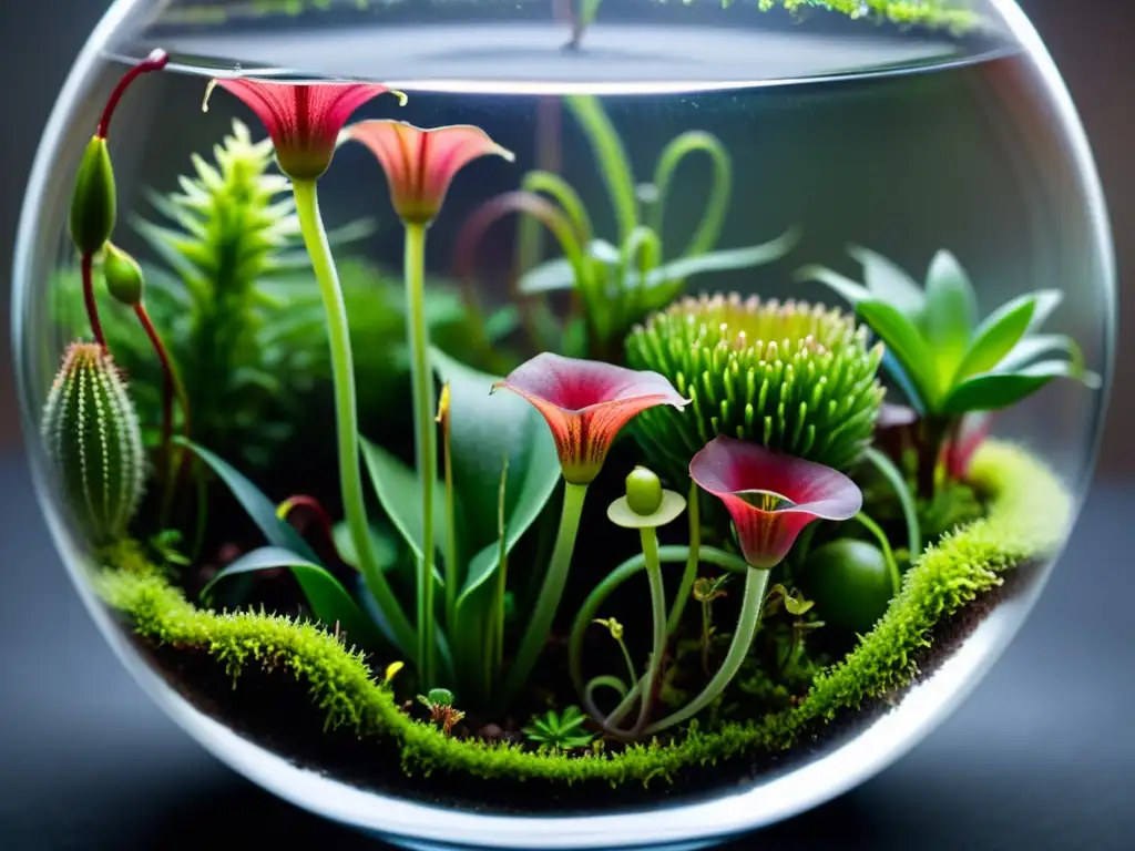 Terrario con plantas carnívoras en sustrato preparado, exudando tranquilidad y belleza natural