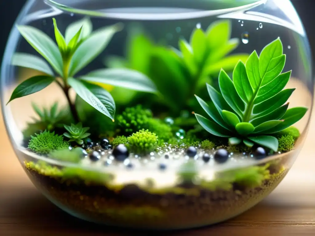 Un terrario con plantas exuberantes y delicadas gotas de agua