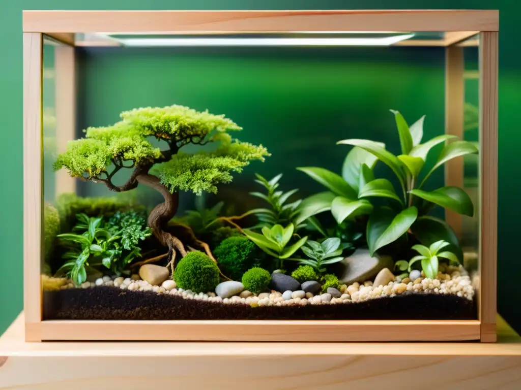 Un terrario con plantas exuberantes, piedras y un banco de madera