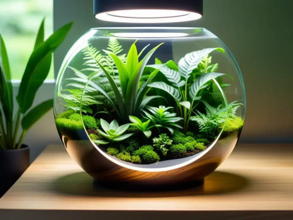 Un terrario de plantas de interior de baja luz, con exuberante vegetación y una atmosfera serena