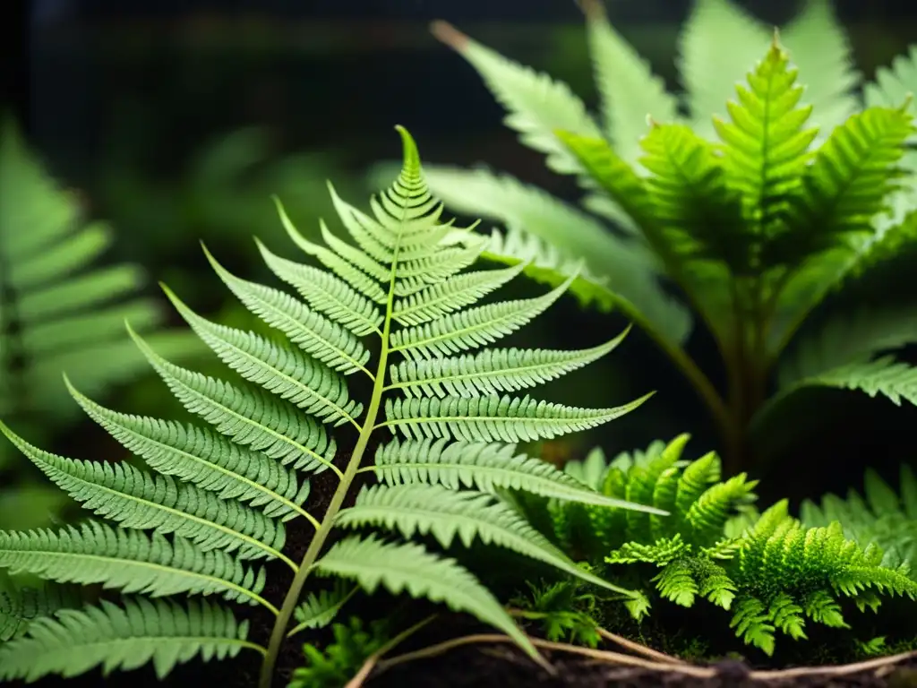 Un terrario de plantas de interior en baja luz, con helecho verde exuberante y musgo delicado, creando un ambiente sereno y tranquilo