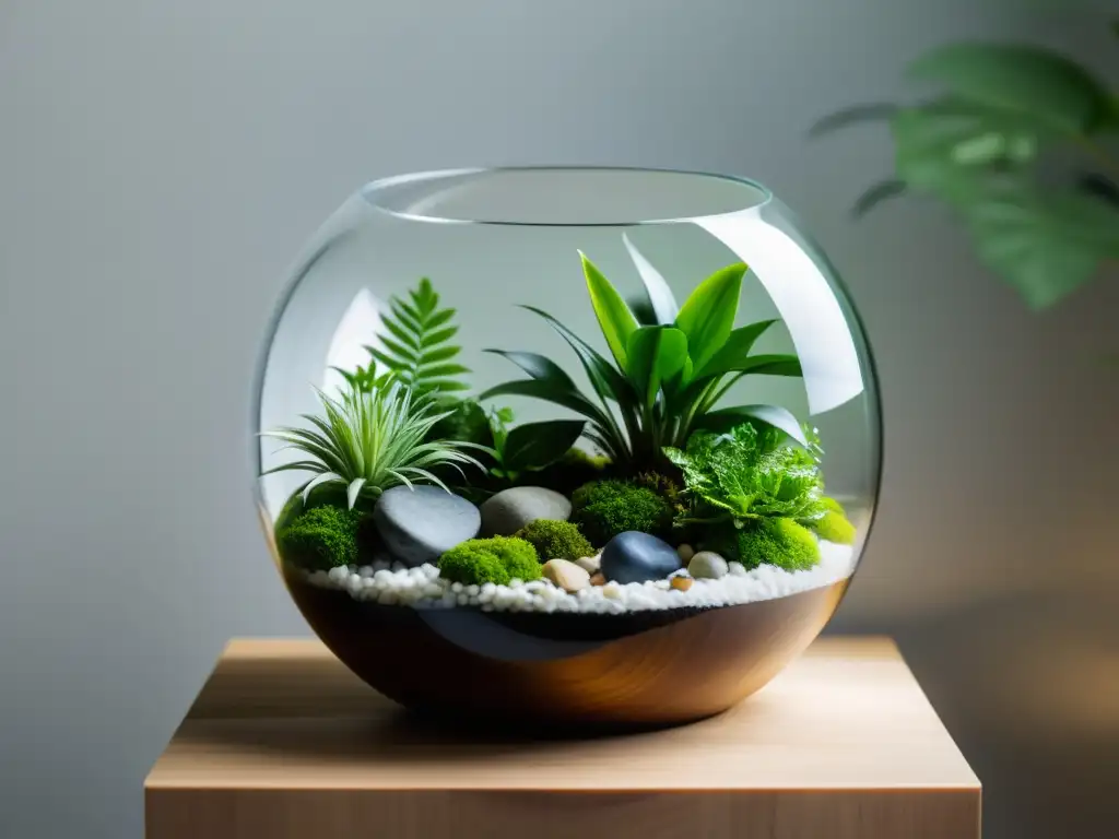 Terrario para plantas de interior con exuberante vegetación, rocas y agua en un elegante soporte de madera