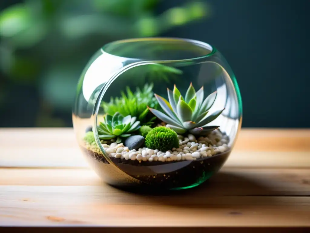 Un terrario sereno y minimalista para meditación en casa, con plantas y musgo vibrantes en un paisaje tranquilo