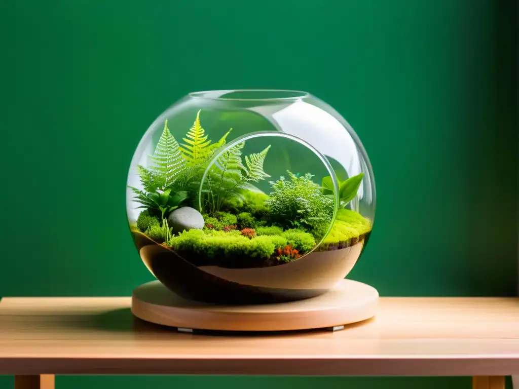 Un terrario sereno y minimalista con un ecosistema exuberante, libre de condensación