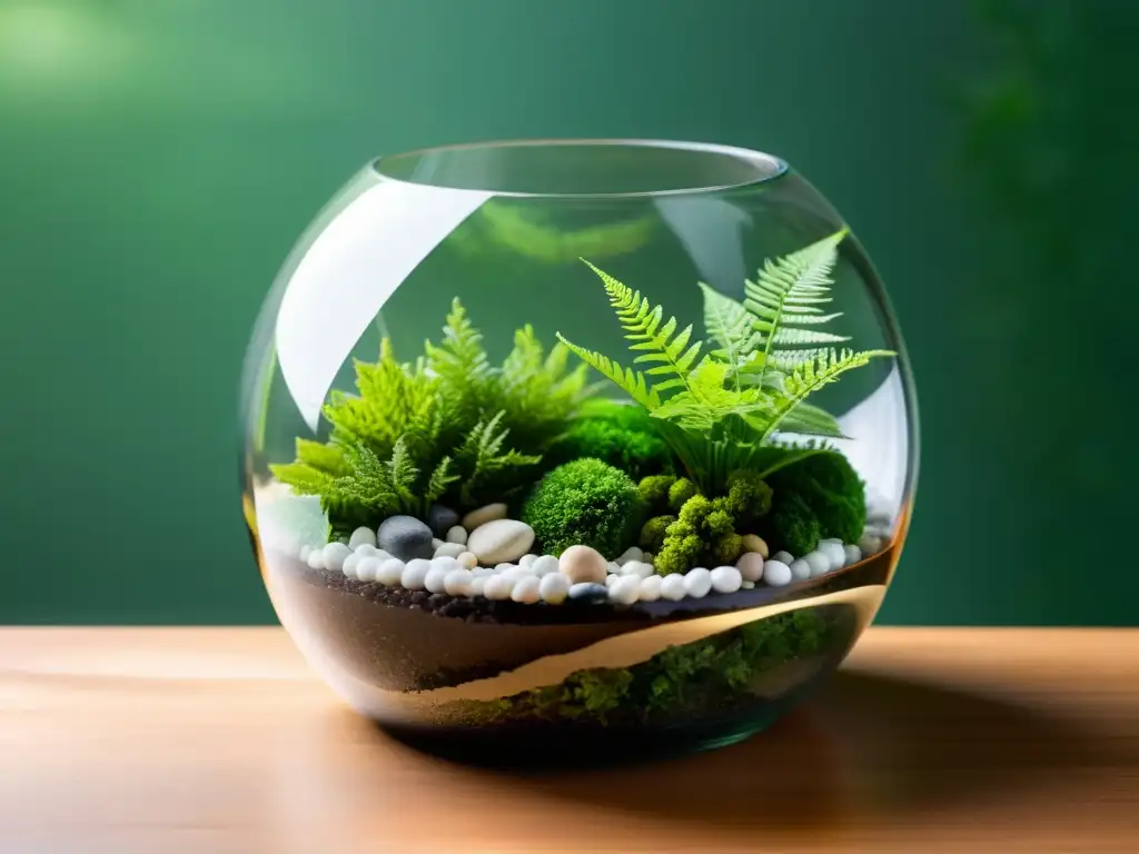 Un terrario sereno y minimalista con musgo verde vibrante, helechos delicados y piedras, en un elegante recipiente de vidrio