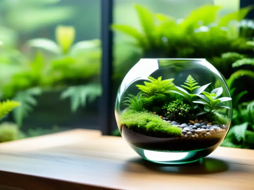 Un terrario sereno y minimalista con musgo verde vibrante y helechos delicados, bañado por luz natural