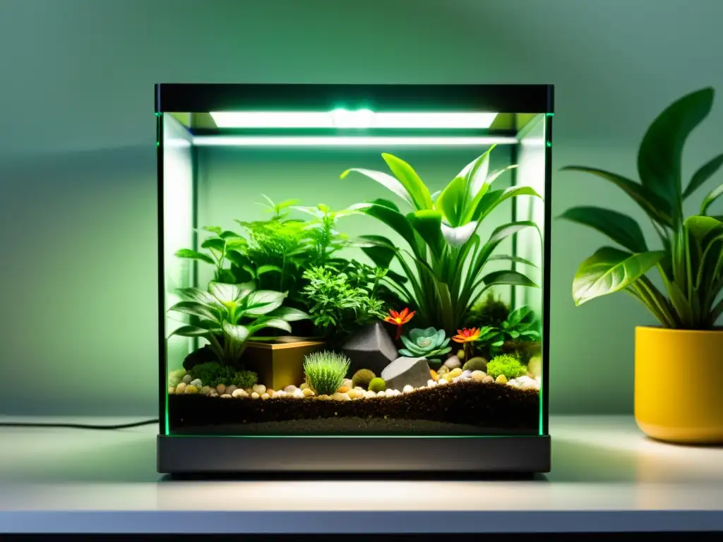 Terrario tecnológico con luces LED, sensores y plantas exuberantes, fusionando naturaleza y tecnología