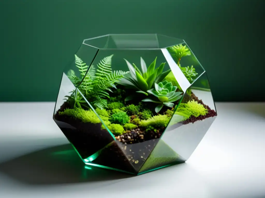 Un terrario tecnológico para plantas de interior con diseño minimalista, líneas geométricas y plantas vibrantes