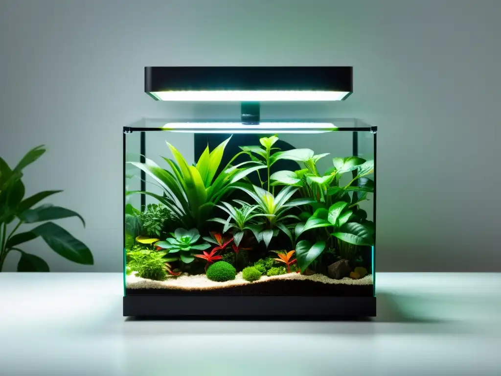 Terrario tecnológico para plantas de interior con diseño minimalista y exuberante vegetación