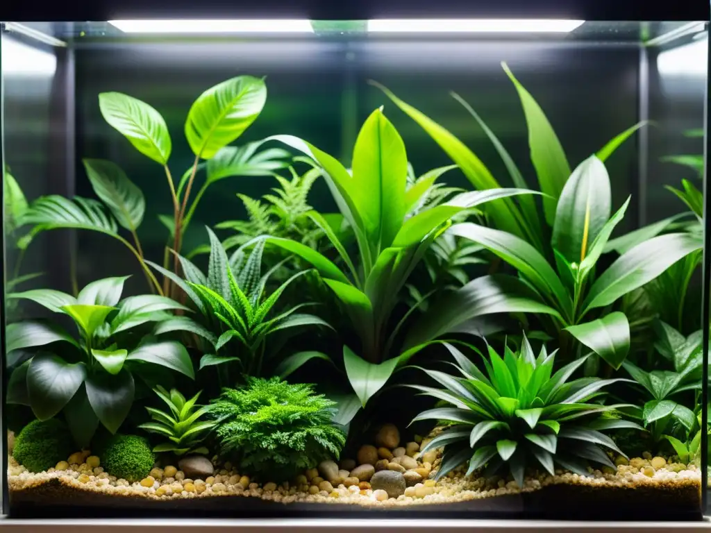 Terrario tropical para plantas de interior, vibrante y exuberante, con variedad de plantas verdes en suelo húmedo, capturando la belleza botánica