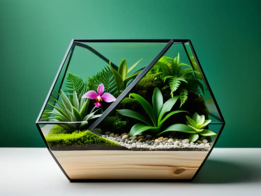 Terrario tropical para plantas de interior: Imagen de un elegante terrario con plantas tropicales en un entorno verde exuberante y vibrante