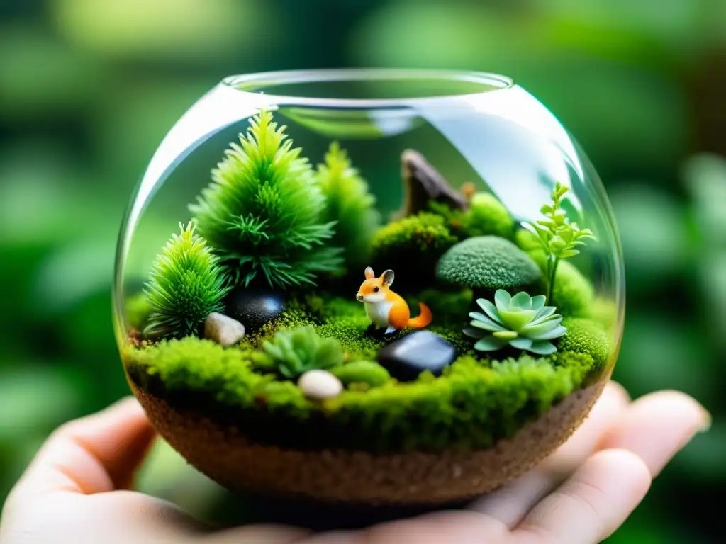 Un terrario único de diseño con plantas e interiores, evocando tranquilidad y armonía natural