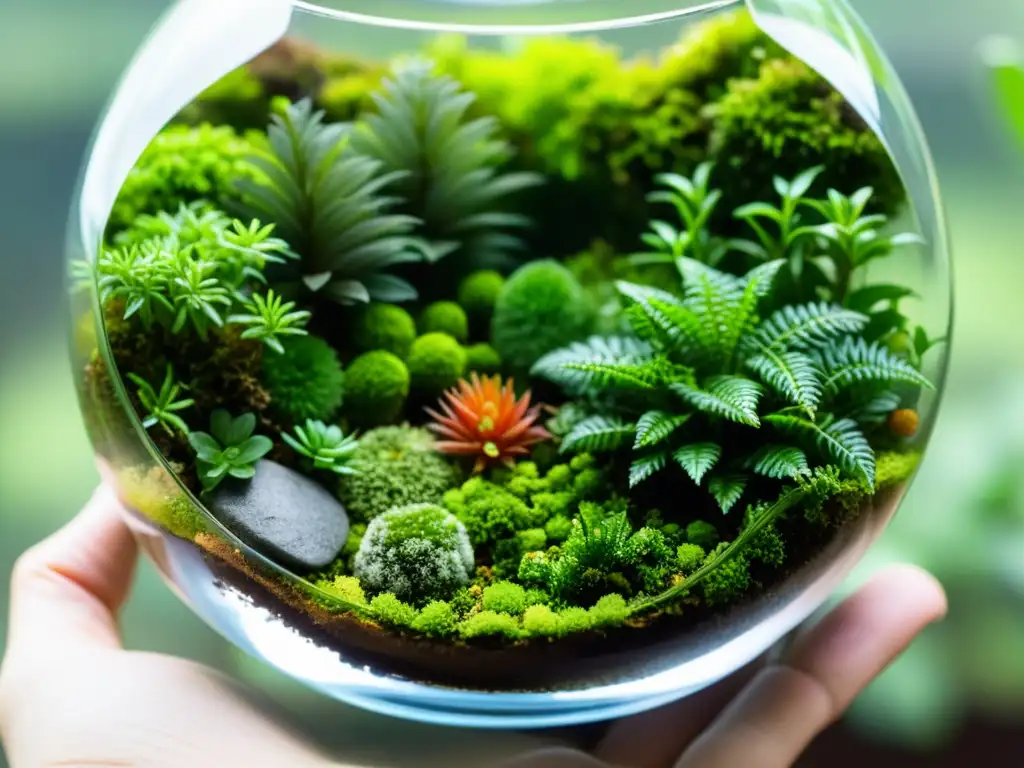 Un terrario vibrante y detallado con una variedad de plantas en miniatura, rocas y musgos, ideal para educación ambiental en casa para niños