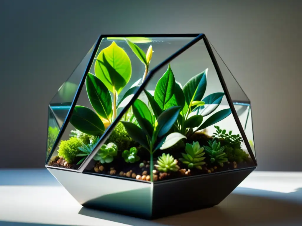 Un terrario de vidrio moderno con cultivos en gel para plantas de interior, resalta el contraste entre lo orgánico y lo futurista