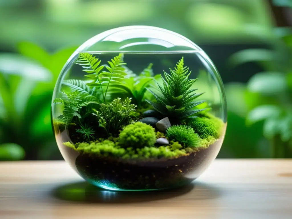 Un terrario de vidrio moderno y transparente con musgo exuberante y helechos pequeños