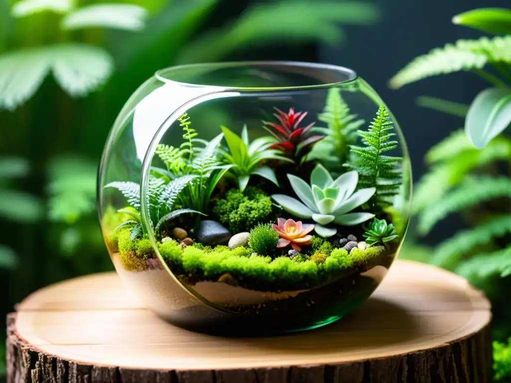 Un terrario de vidrio con plantas ecoamigables, creando un microecosistema armonioso