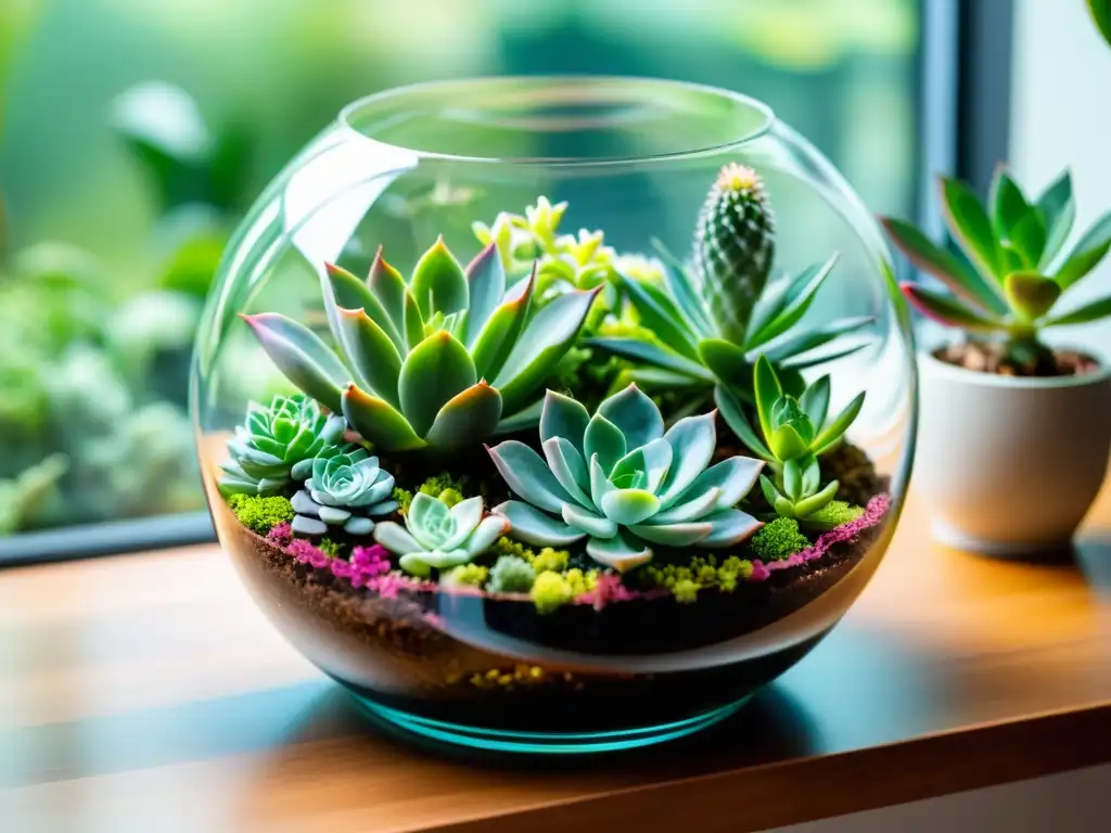 Un terrario de vidrio transparente con suculentas vibrantes en un entorno minimalista y soleado